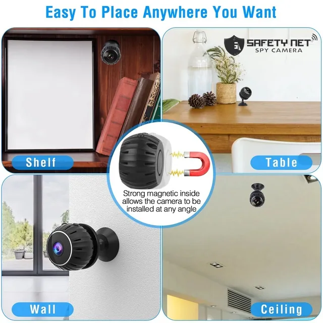 SAFETY NET, SPY CAMERA 1080P HD Mini Camera Wireless WiFi Night Vision Security Motion Detection Indoor Camera