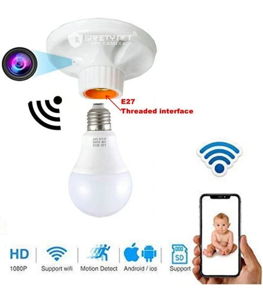 SAFETYNET 4K HD 1080P Wifi P2P Camera Wireless SPY Cam Lamp holder type Covert Monitor DVR Camera
