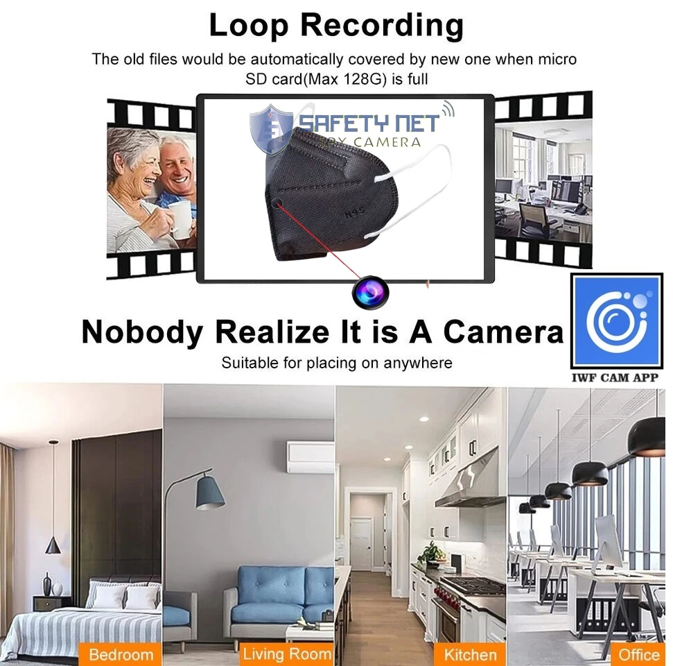 SAFETYNET Mini WiFi 1080P Spy Mask Camera , Wireless Hidden Spy Cam Audio and Video Recording Live Feed, Home Security Nanny Camera/ Motion Activated Alarm(2021 Upgraded Phone APP)