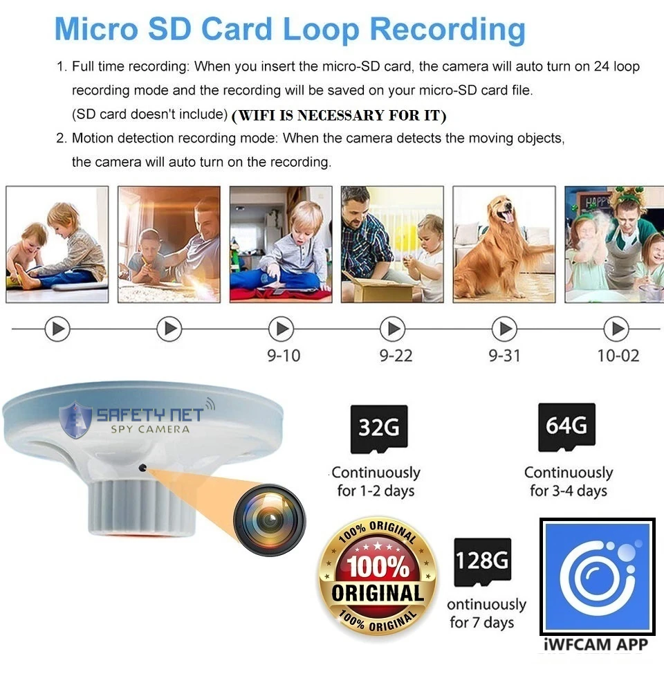 SAFETYNET 4K HD 1080P Wifi P2P Camera Wireless SPY Cam Lamp holder type Covert Monitor DVR Camera