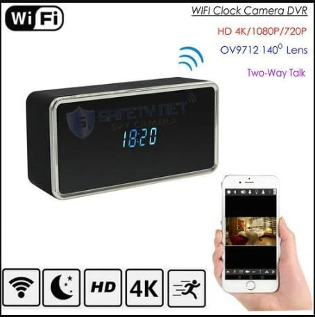 SAFETY NET, SPY CAMERA Clock 2MP IWFCAM APP Smart Clock Camera WiFi Clock Camera with Resolution Two-Way Audio Motion Detection IR Night Vision
